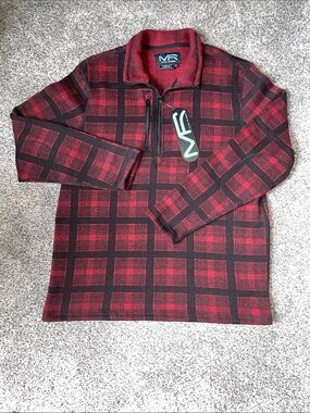 NWT MACK RUSSO Men's Red and Black Plaid Quarter-Zip Sweater.  Size XL.